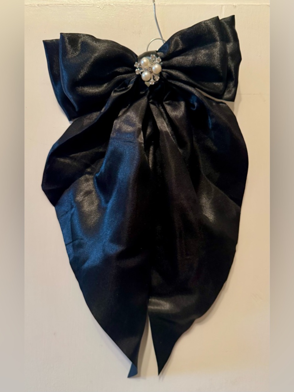 Satin Bow with Long Tails with Faux Pearl Jeweled Center Black Hair Bow